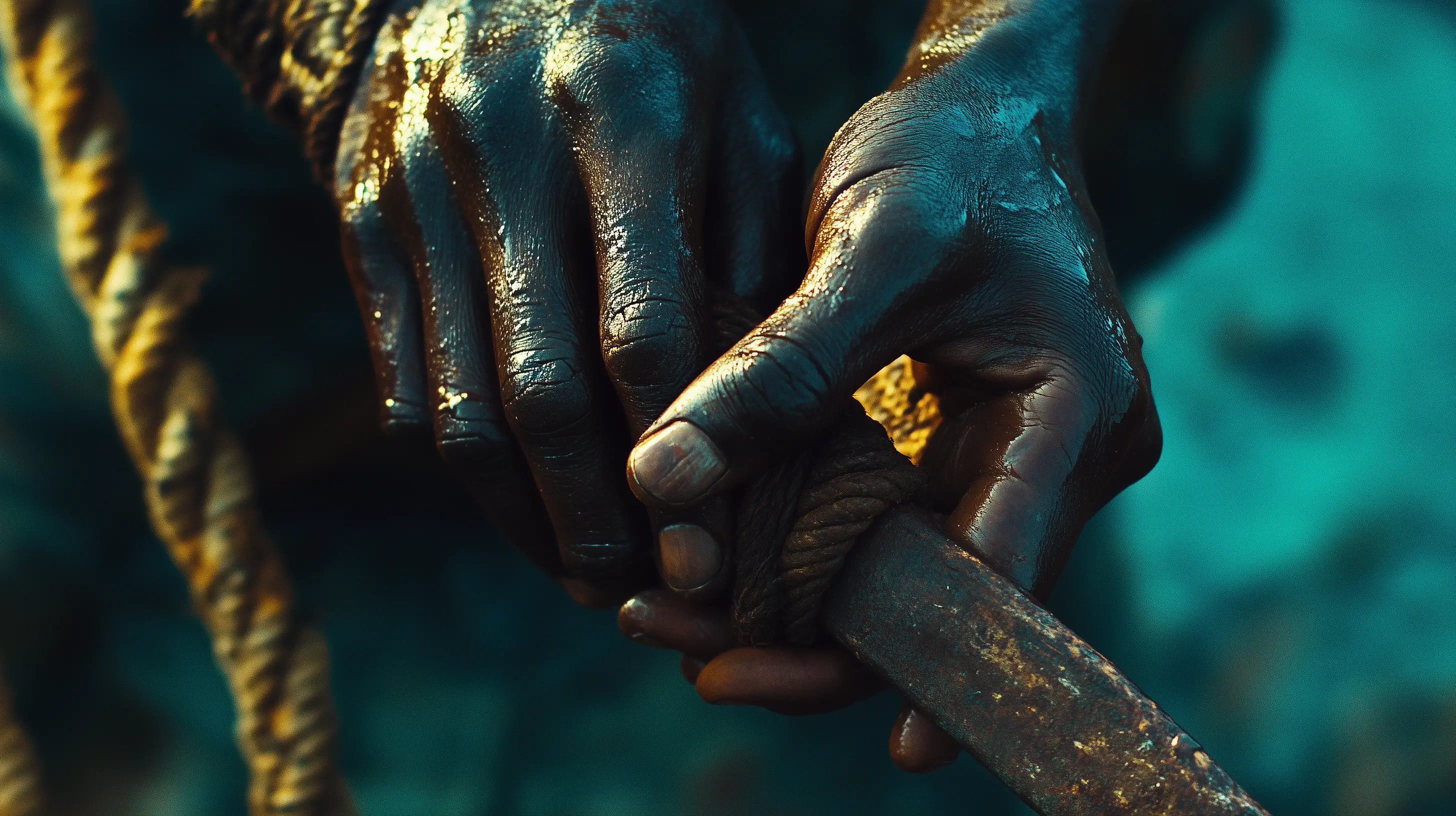Close on hands cutting through thick ropes.