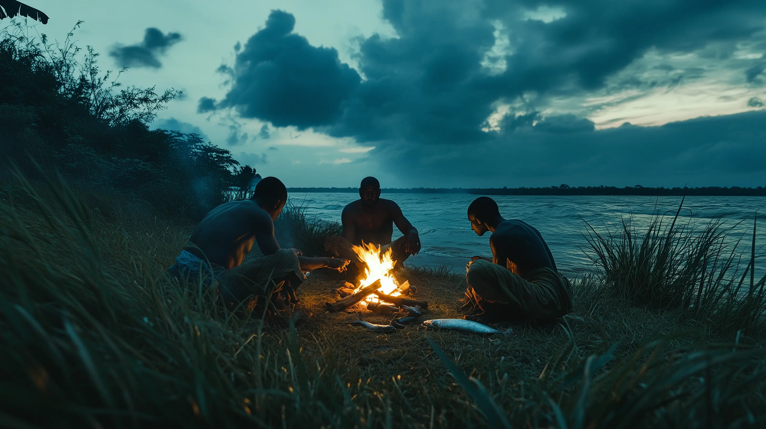 A group gathered around firelight in the dark.