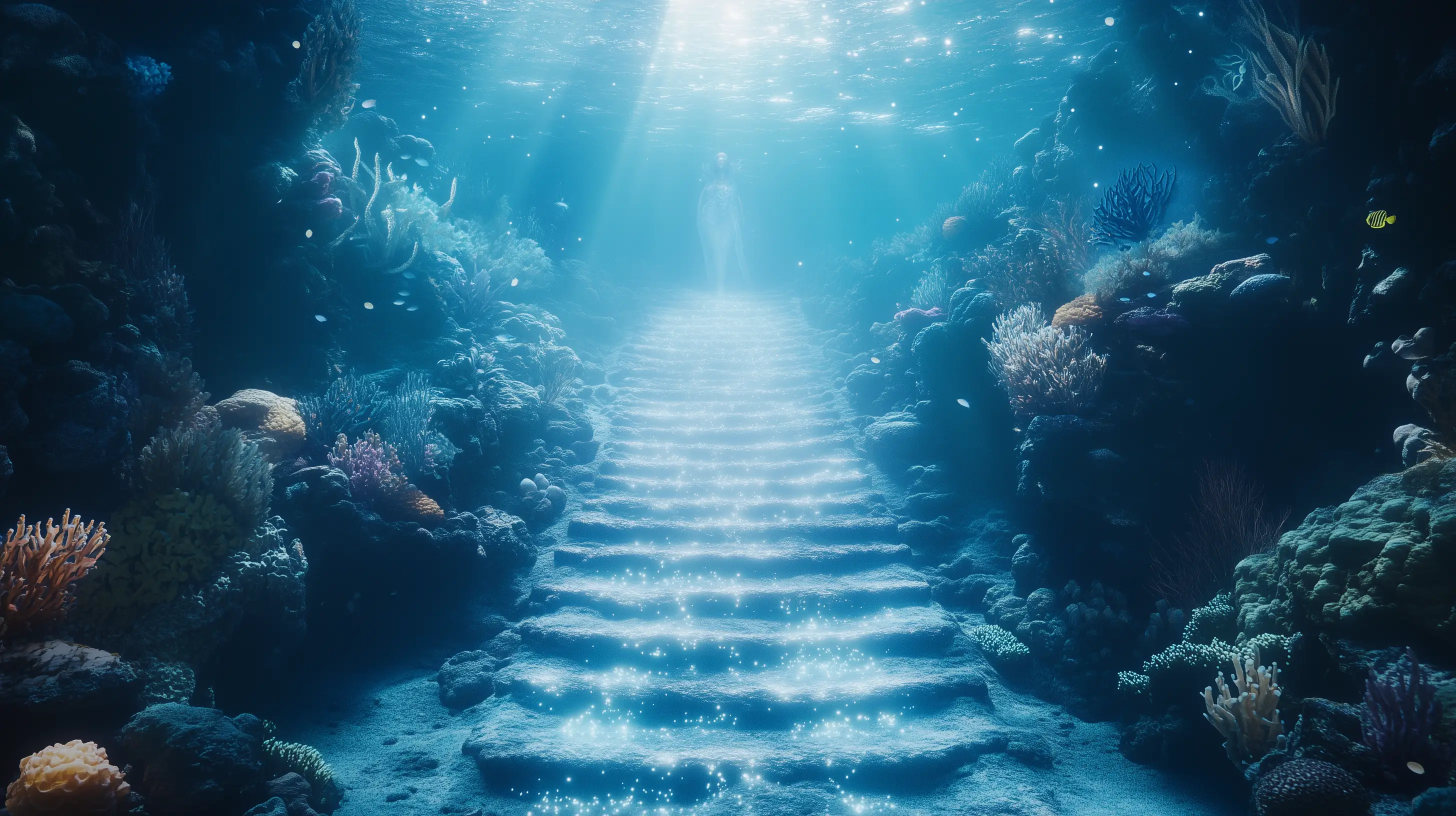 An underwater stone staircase rising through blue light, flanked by coral and small lights.