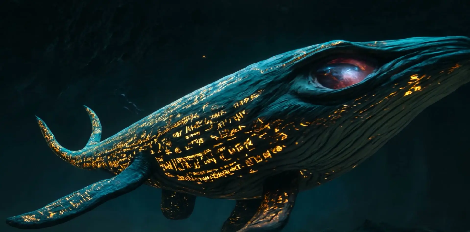 A vast whale-like creature covered in luminous golden markings moving through deep teal water.